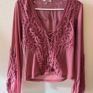 Gimmicks by BKE Lace-Up Mauve Blouse